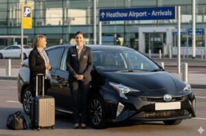 Female taxi driver with a passenger and luggage at Heathrow Airport